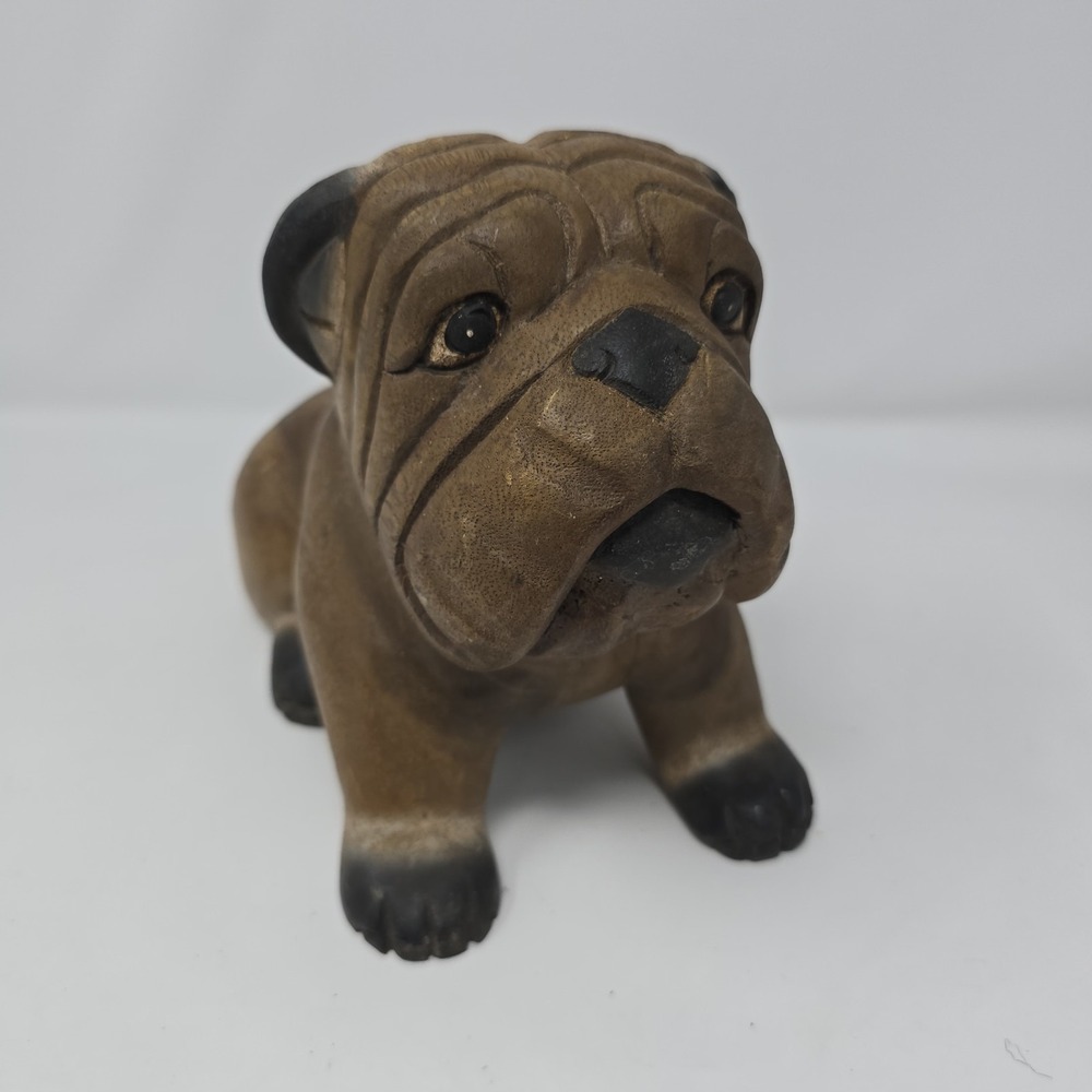 Vintage ARTISAN CRAFTED Hand-Carved Wood Bulldog Figure‎ 7 x 10